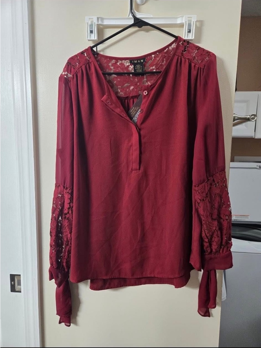 IMAN Wine Lace-Trim V-Neck Blouse